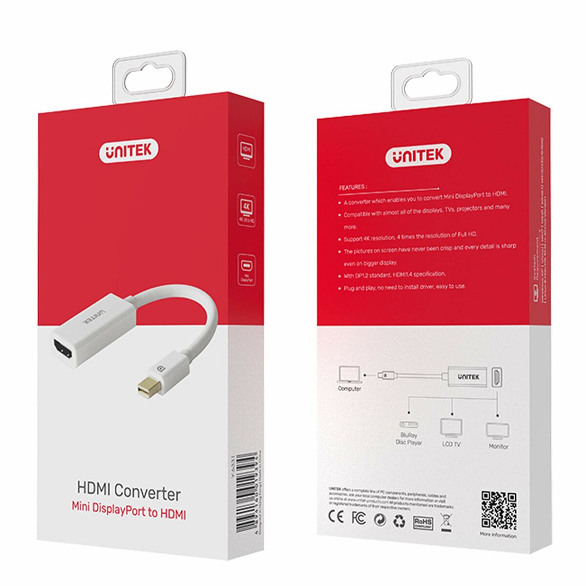Adaptér Mini DisplayPort na HDMI Unitek Y-6331 Bílý 20 cm